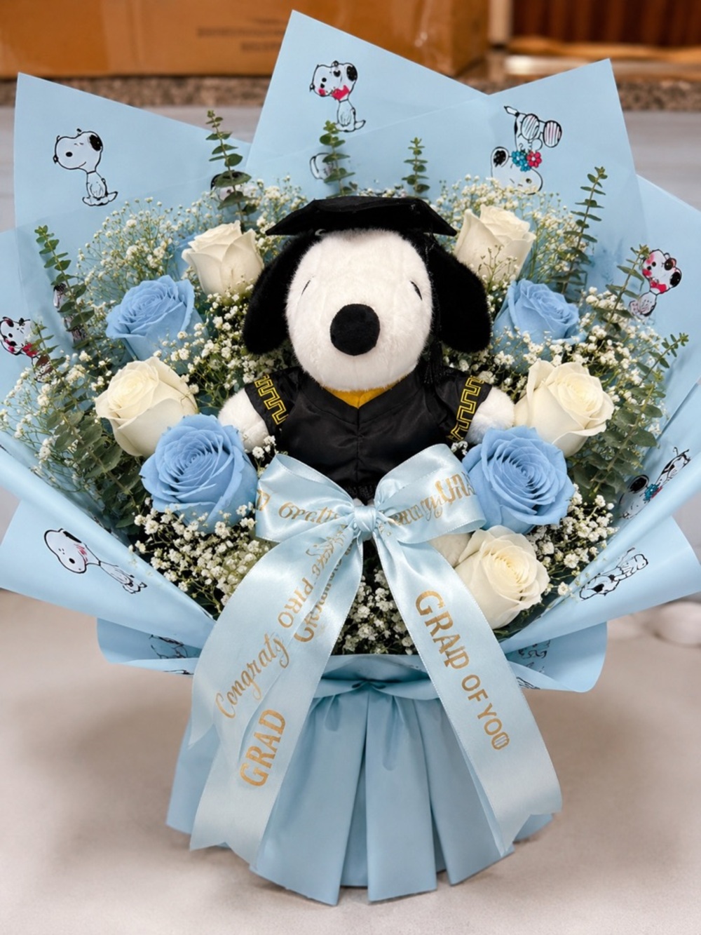 Graduation Bouquet Gift Set Plush Dog 10 Sheets + 2 Yards Ribbon